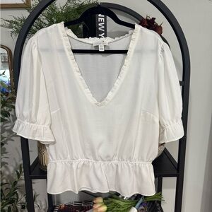 Topshop Cream V-Neck Ruffle Blouse size 14
